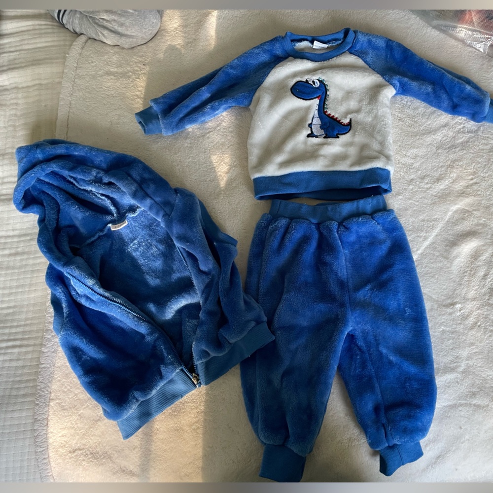 Blue Dinosaur Kids Fuzzy Jogger Set